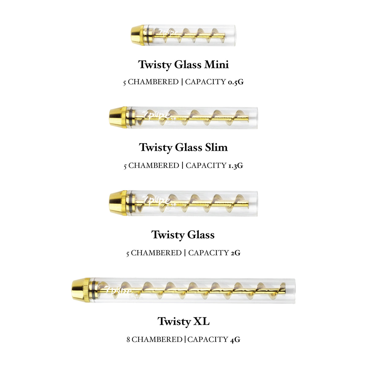 Twisty Glass Blunt Size Comparison Chart Showing Mini, Slim, Original and XL Models with Different Lengths and Capacities