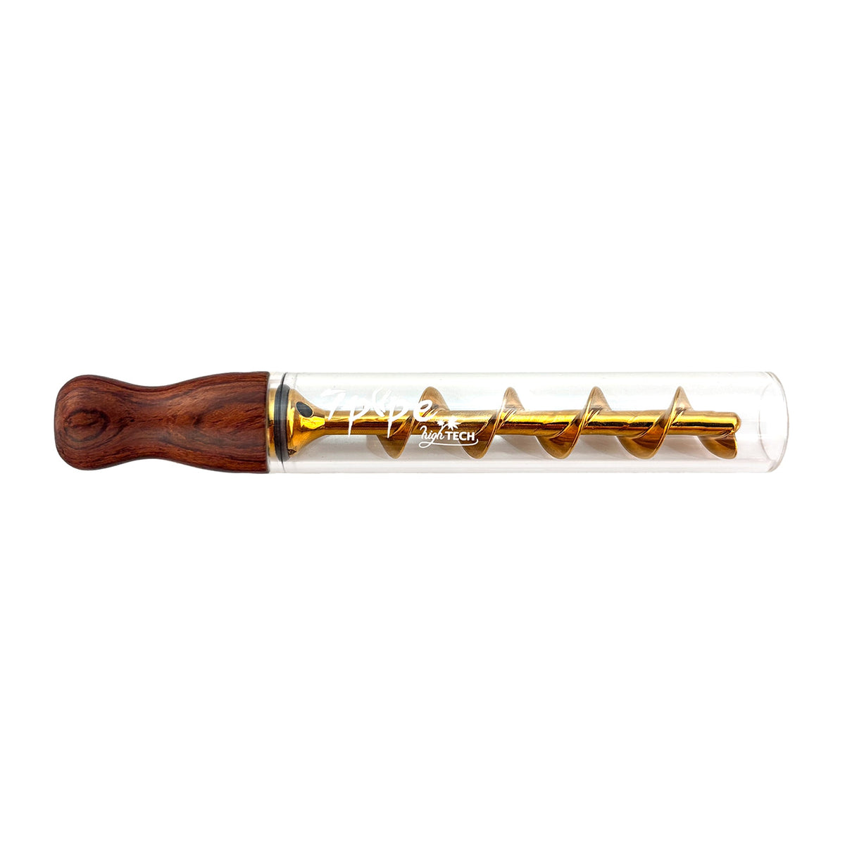 Twisty Glass Blunt Gen 2 Rosewood Pipe with Natural Wooden Mouthpiece, Clear Borosilicate Glass Tube and Gold Spiral