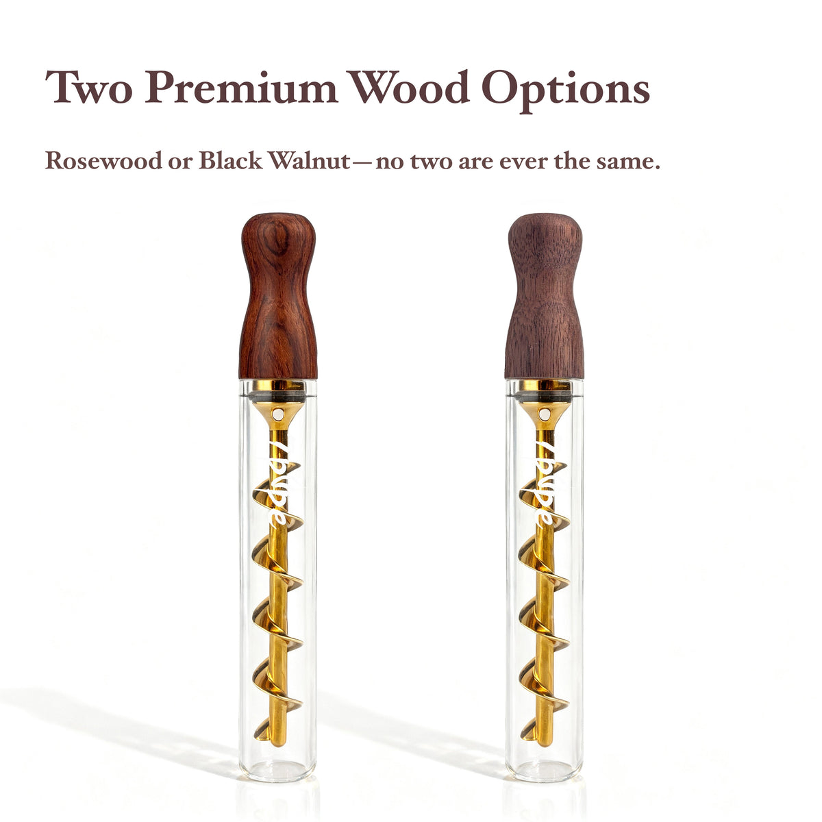 Twisty Glass Blunt Gen 2 Mouthpiece Comparison Showing Natural Black Walnut and Rosewood Options