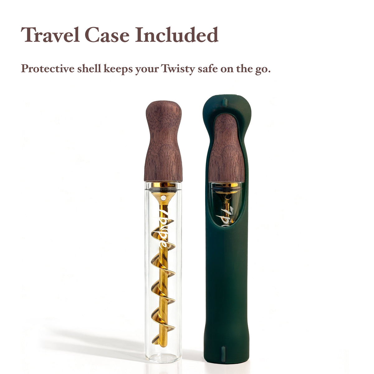 Twisty Glass Blunt Gen 2 Black Walnut Pipe Displayed with Its Green Silicone Protective Sleeve