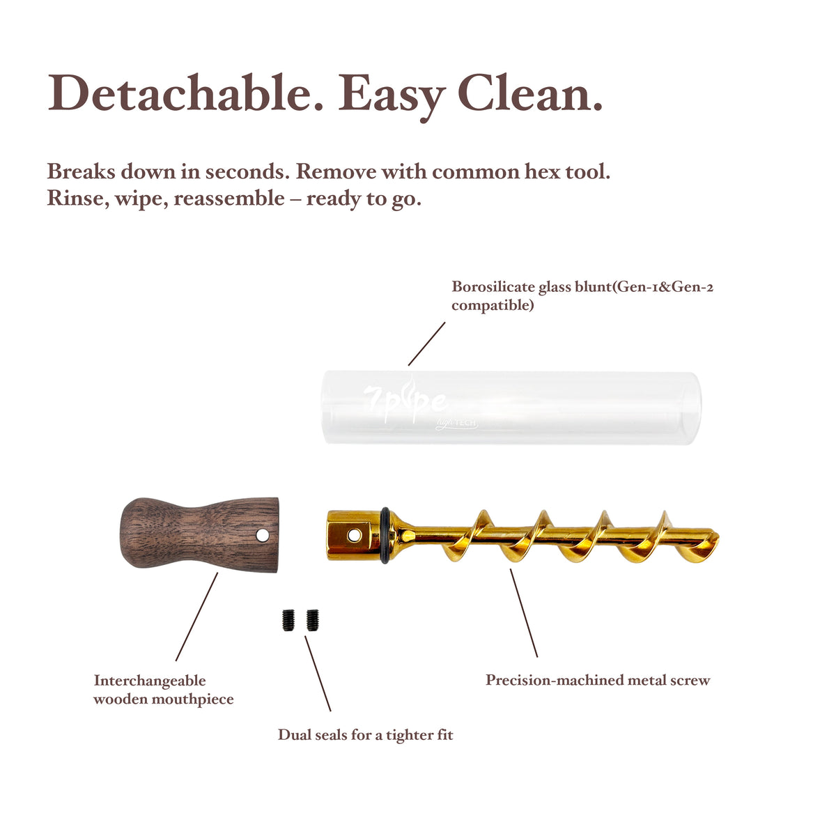 Disassembled Twisty Glass Blunt Gen 2 Showing Removable Black Walnut Mouthpiece, Gold Spiral and Clear Glass Tube