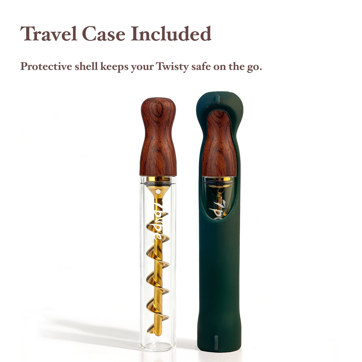 Twisty Glass Blunt Gen 2 Rosewood Pipe Shown with a Green Silicone Protective Sleeve for Travel