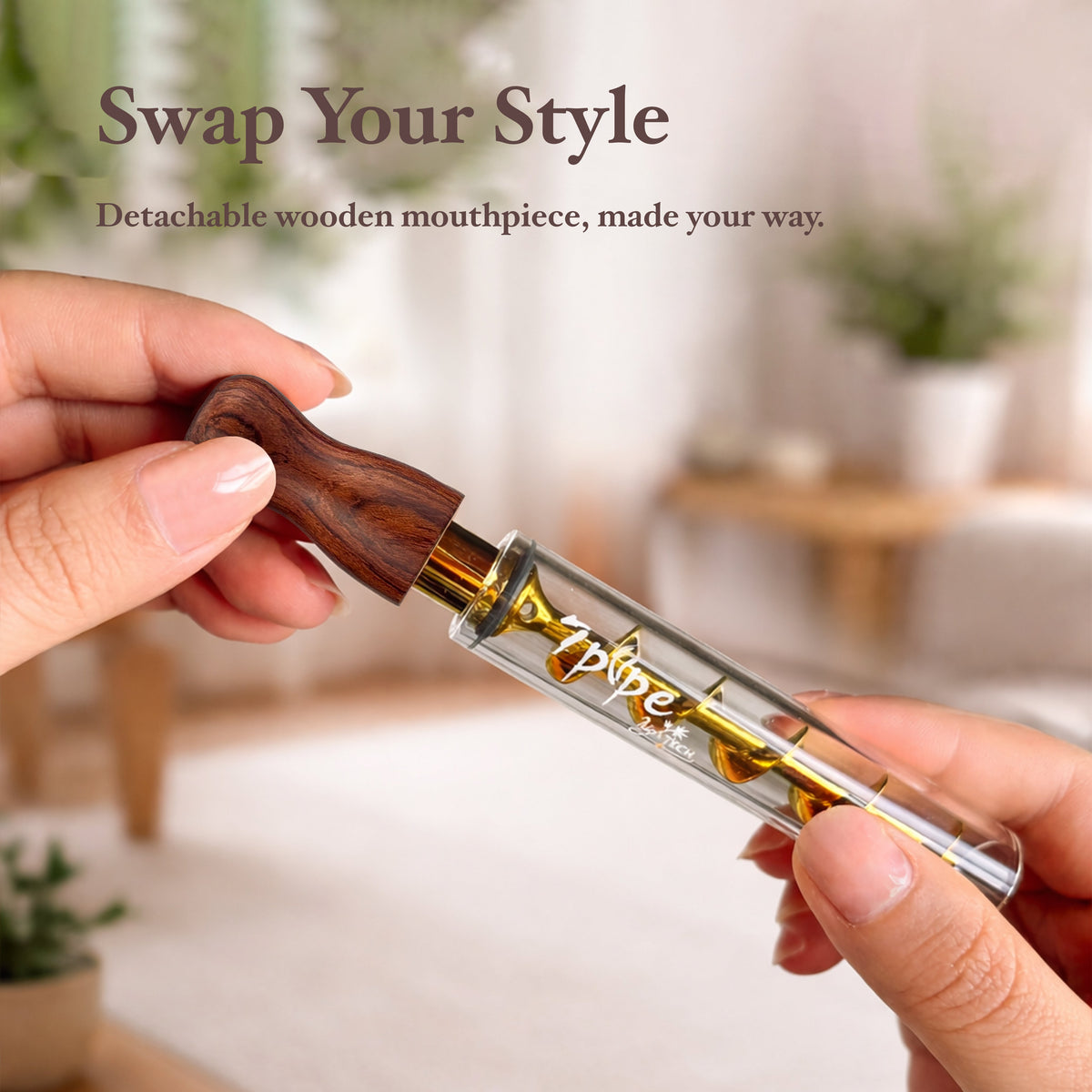Hands Holding a Twisty Glass Blunt Gen 2 with Rosewood Mouthpiece, Clear Borosilicate Glass Tube and Gold Spiral