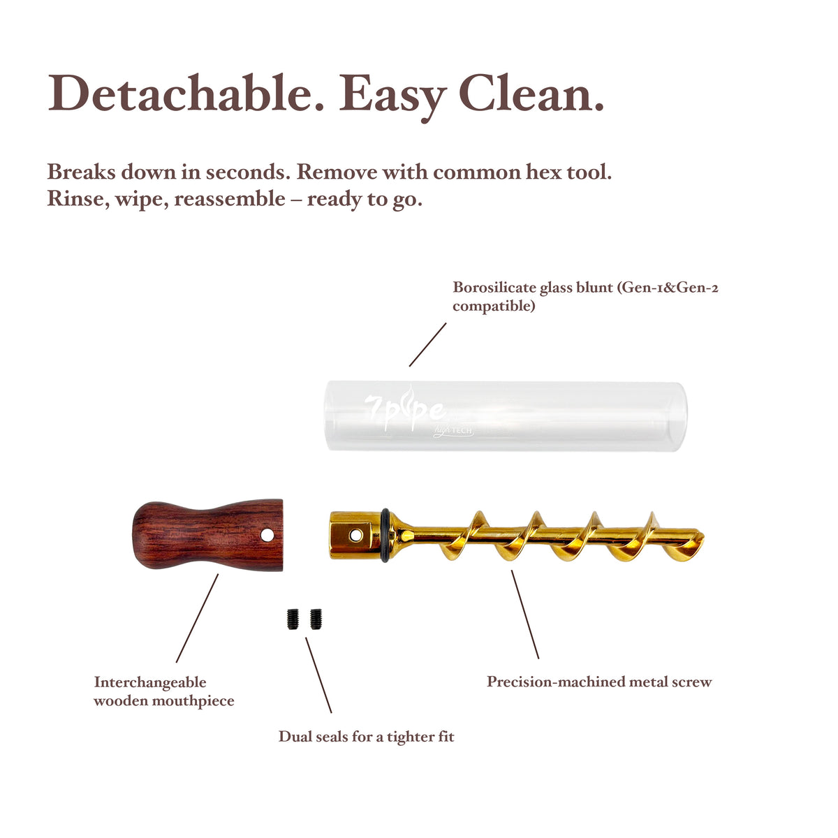 Exploded View of Twisty Glass Blunt Gen 2 Showing Detachable Rosewood Mouthpiece, Gold Spiral and Cleaning Components