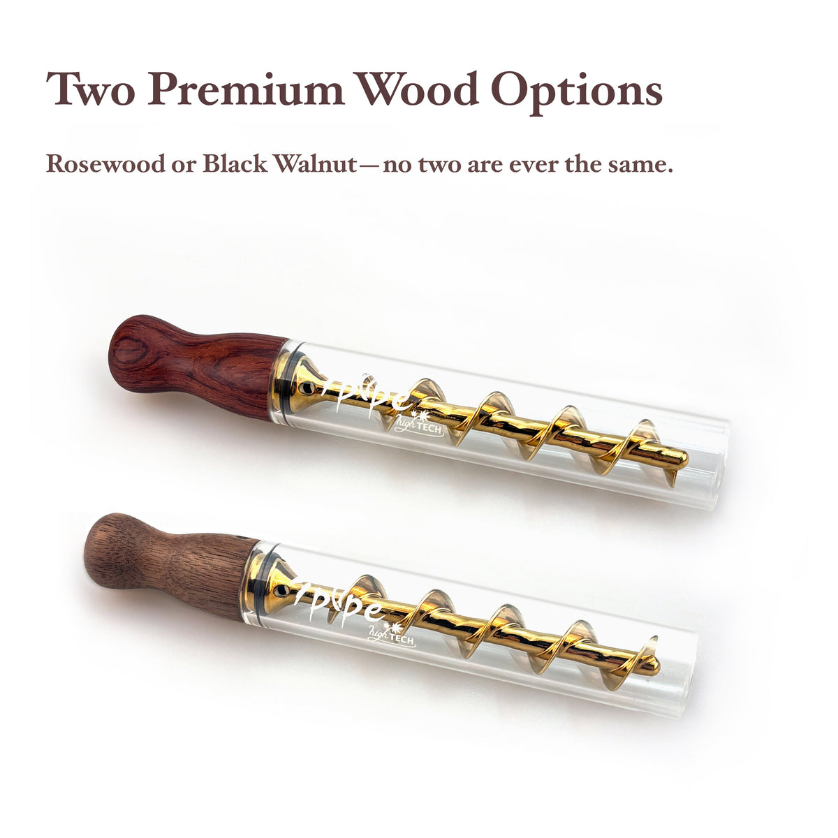 Twisty Glass Blunt Gen 2 Comparison Showing Rosewood and Black Walnut Mouthpiece Options with Natural Wood Grain