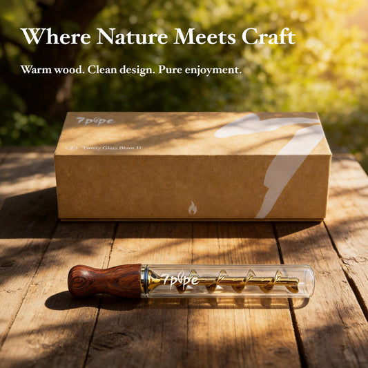 Twisty Glass Blunt Gen 2 Rosewood Pipe with Gold Spiral and Natural Wood Mouthpiece Displayed Beside 7pipe Packaging Outdoors