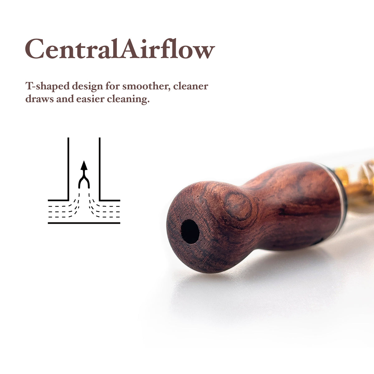 Close-Up of Gen 2 Rosewood Mouthpiece Showing the Single Central Airway and Airflow Diagram