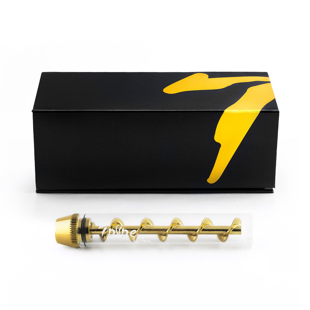 Twisty Glass Blunt with Gold Spiral Mouthpiece Displayed Below Black 7pipe Gift Box on White Background
