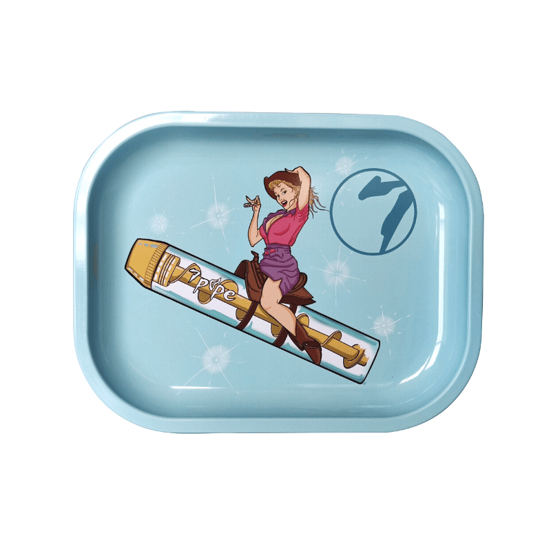 Twisty Cowgirl Metal Rolling Tray in Light Blue with Western Cowgirl Artwork Riding a Gold Twisty Glass Blunt