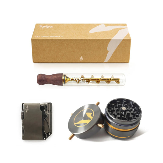 Twisty Glass Blunt Travel Bundle with Gen 2 Black Walnut Pipe, Twisty Grinder, Single Torch Lighter and 7pipe Packaging