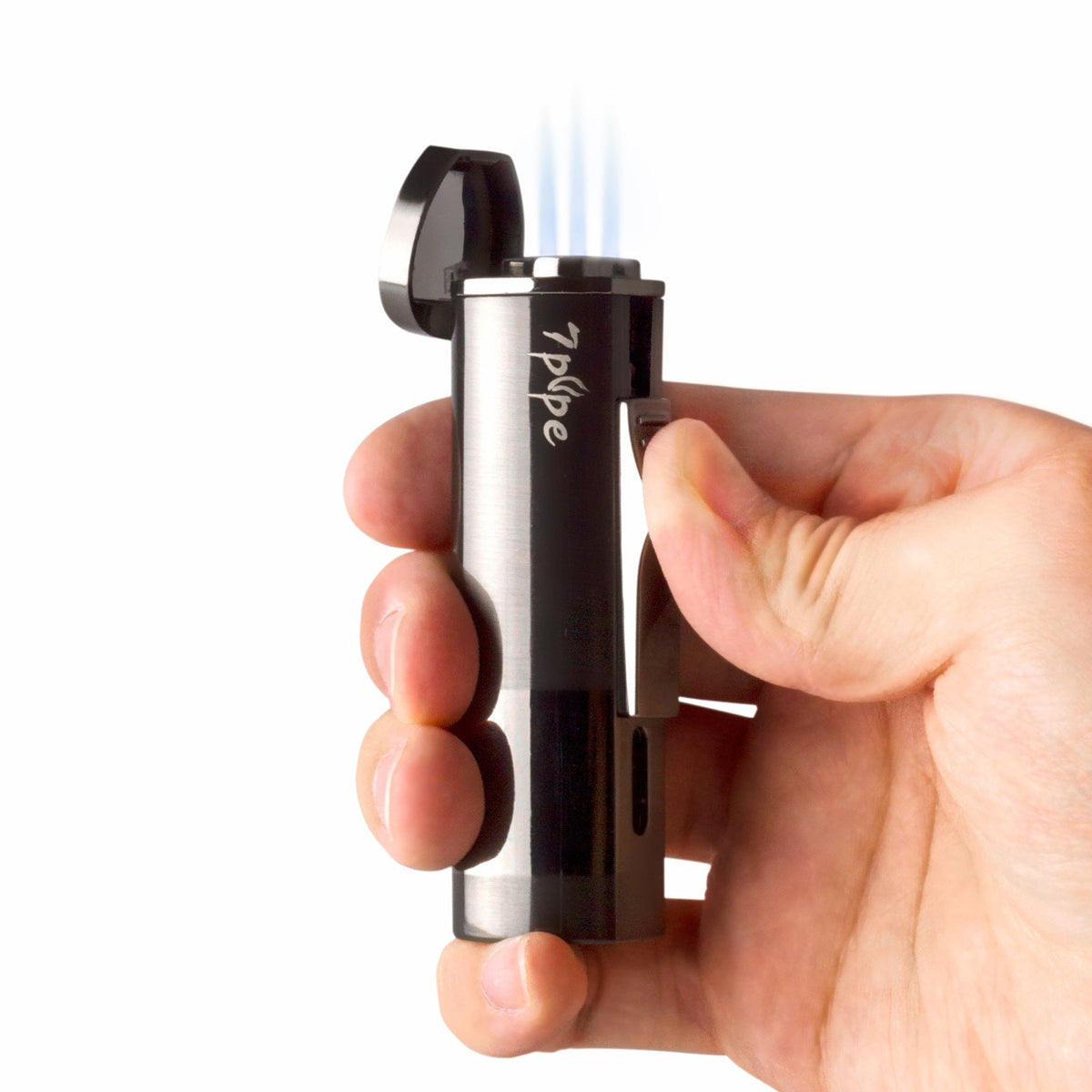 Hand Holding a Gunmetal Triple Torch Butane Lighter Upright, Showing Its Compact Body and Ignition Head
