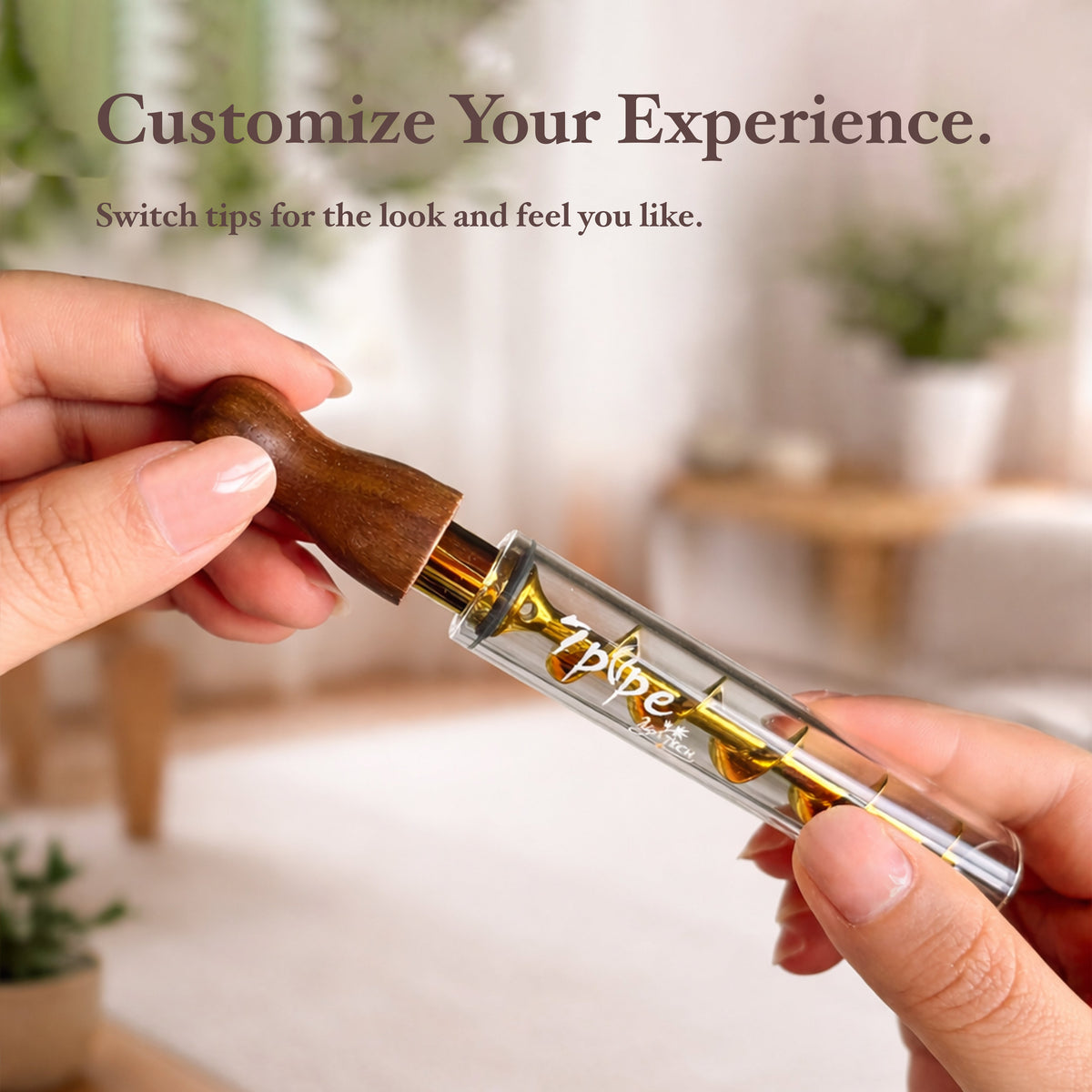 Hands Holding a Twisty Glass Blunt Gen 2 with Black Walnut Mouthpiece and Gold Spiral Inside a Clear Glass Tube