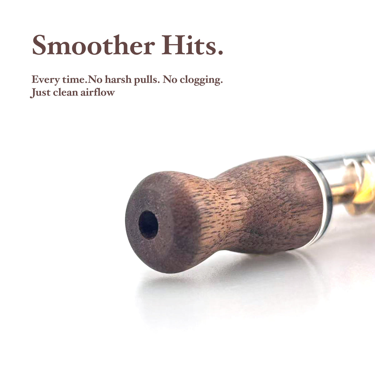 Close-Up of Twisty Glass Blunt Gen 2 Black Walnut Mouthpiece Showing Natural Wood Grain and Single Central Airway