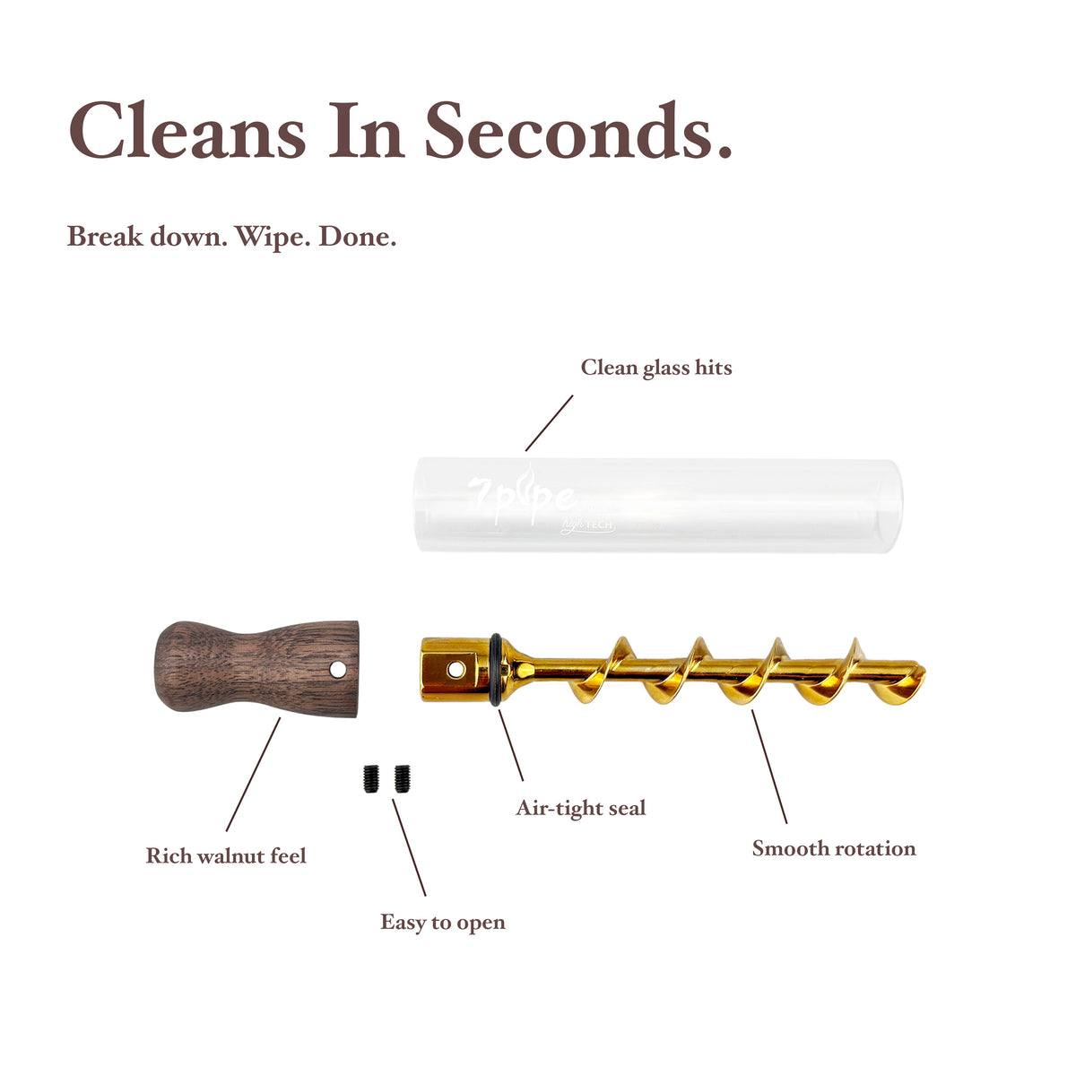 Disassembled Twisty Glass Blunt Gen 2 Showing Removable Black Walnut Mouthpiece, Gold Spiral and Glass Tube for Cleaning