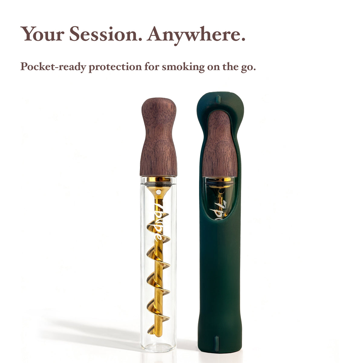 Twisty Glass Blunt Gen 2 Black Walnut Pipe Standing Beside Its Dark Green Silicone Protective Travel Sleeve