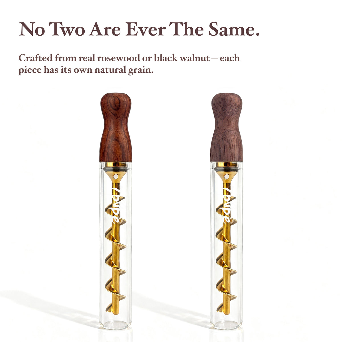 Twisty Glass Blunt Gen 2 Pipes with Black Walnut and Rosewood Mouthpieces Showing Natural Wood Grain Differences