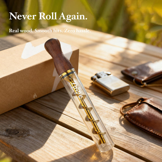 Twisty Glass Blunt Gen 2 Black Walnut Smoking Pipe Displayed with 7pipe Packaging on a Wooden Table