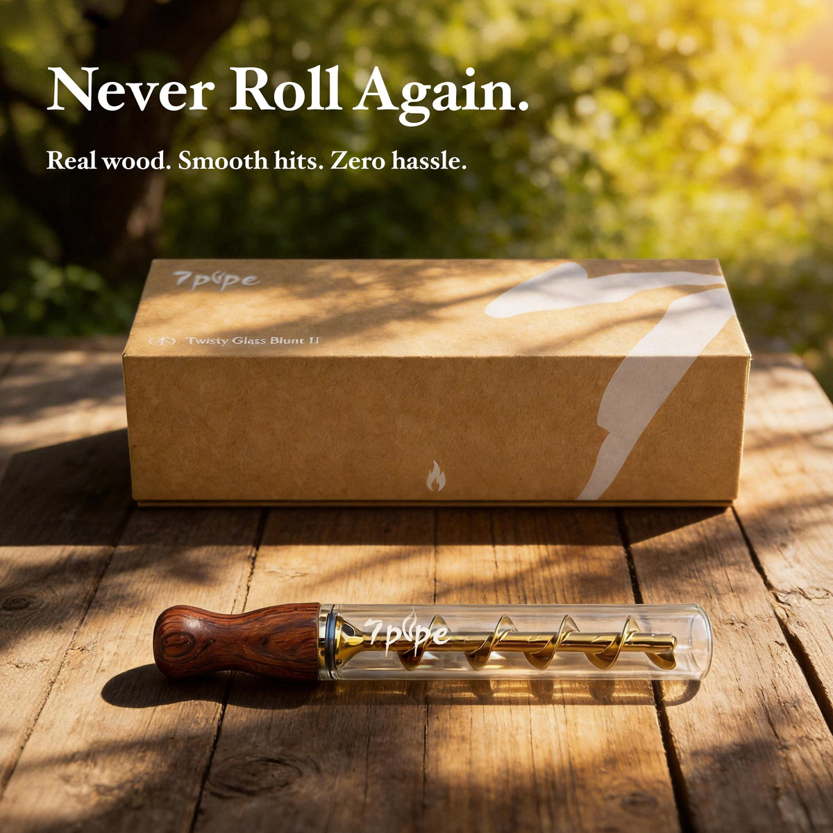 Twisty Glass Blunt Gen 2 Rosewood Smoking Pipe Displayed with 7pipe Packaging on an Outdoor Wooden Table