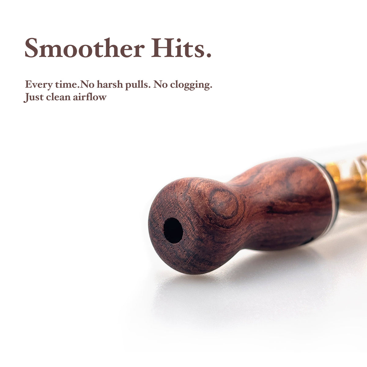 Close-Up of Twisty Glass Blunt Gen 2 Natural Rosewood Mouthpiece Showing Wood Grain and Central Airway Opening