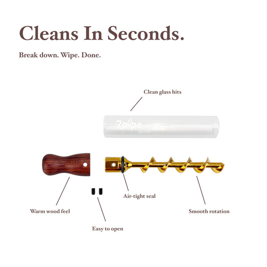 Disassembled Twisty Glass Blunt Gen 2 Showing Rosewood Mouthpiece, Removable Gold Spiral, Glass Tube and Small Parts