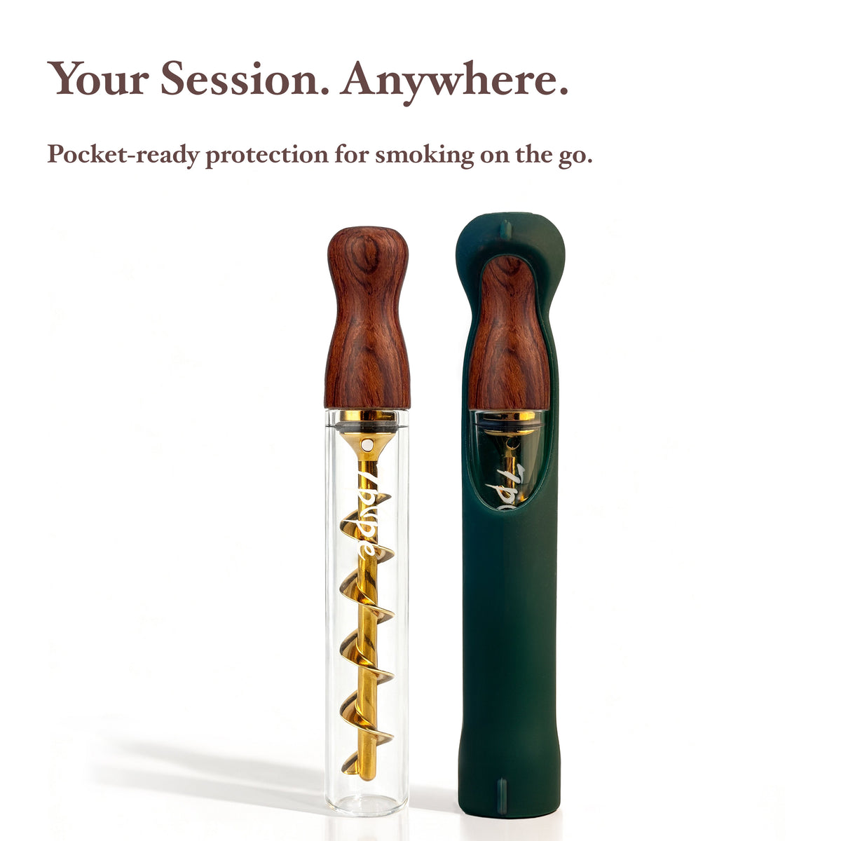 Twisty Glass Blunt Gen 2 Rosewood Pipe Displayed Beside Its Dark Green Silicone Protective Sleeve