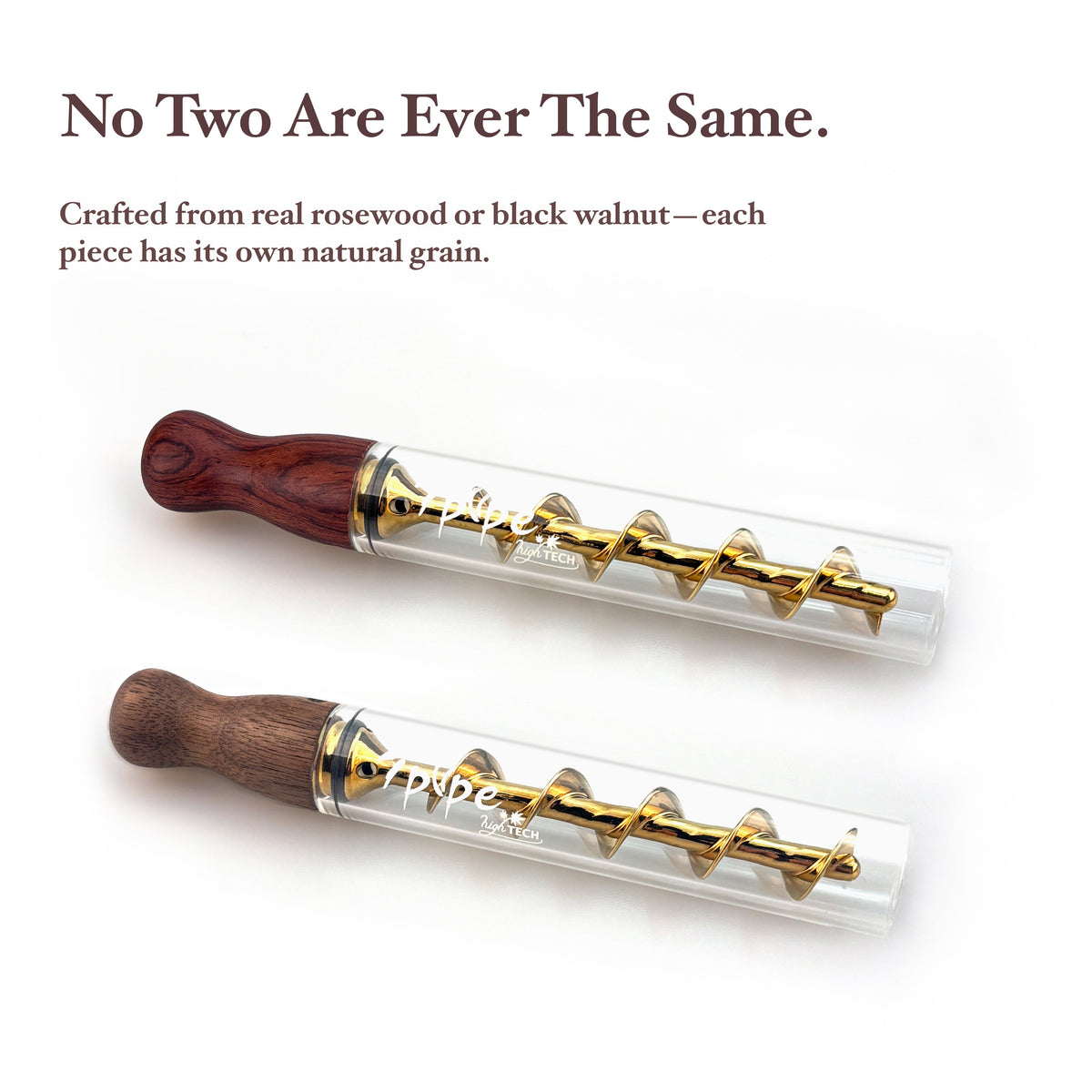 Two Twisty Glass Blunt Gen 2 Rosewood Pipes Displaying Unique Natural Wooden Mouthpiece Grain Patterns