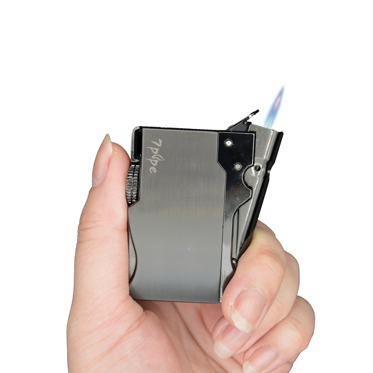 Hand Holding a 7pipe Single Torch Lighter with Blue Flame for the Twisty Glass Blunt Travel Bundle