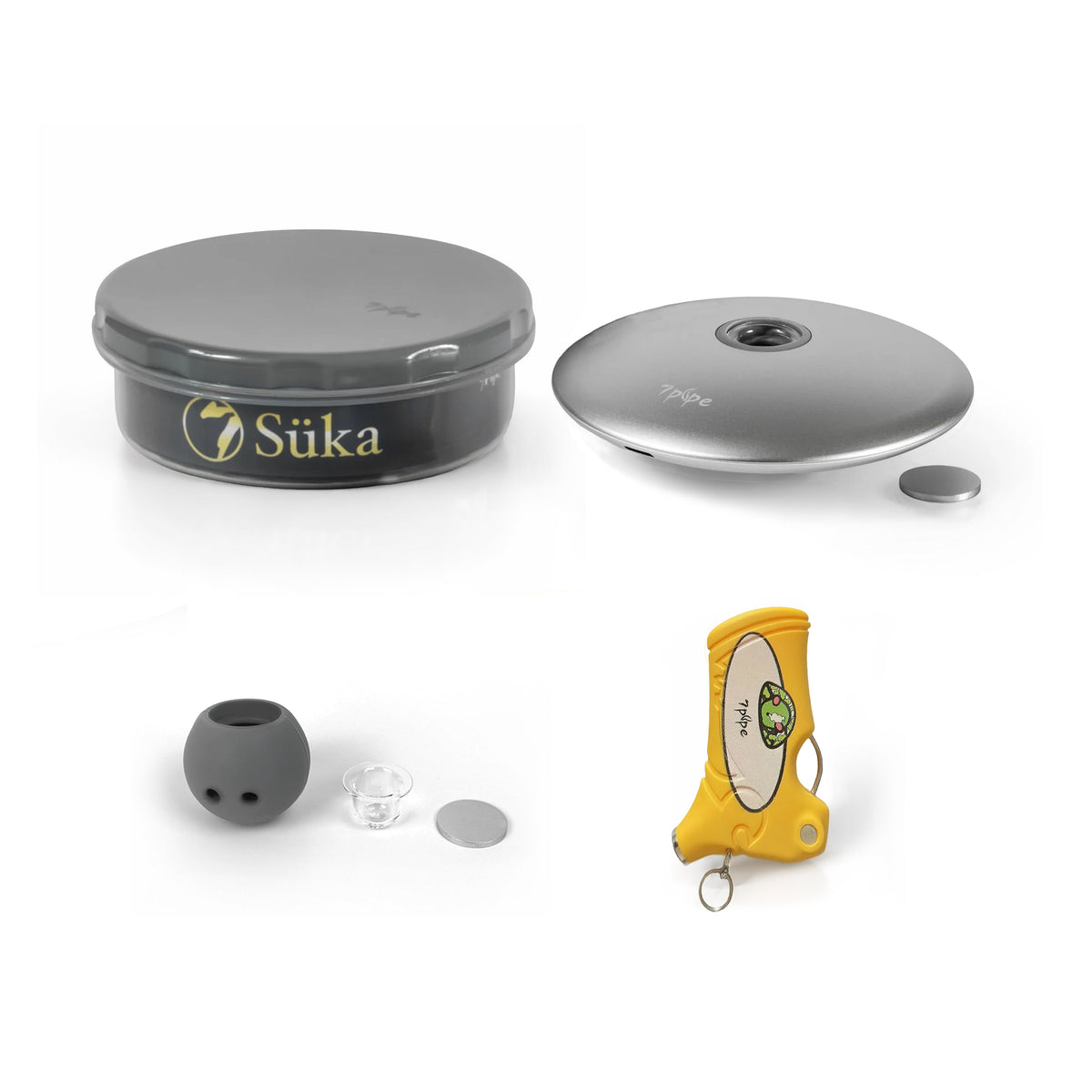 SUKA Travel Kit with Silver UFO Smoking Pipe, Replacement Silicone Ball, Quartz Glass Bowl and Yellow Pocket Tool