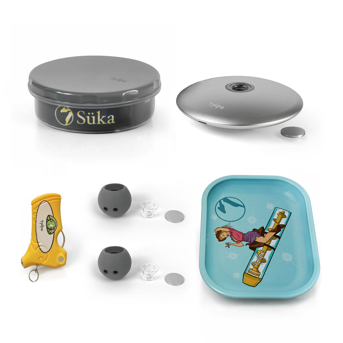 SUKA Complete System Bundle with Silver UFO Smoking Pipe, Two Extra Silicone Balls, Yellow Pocket Tool and Blue Rolling Tray