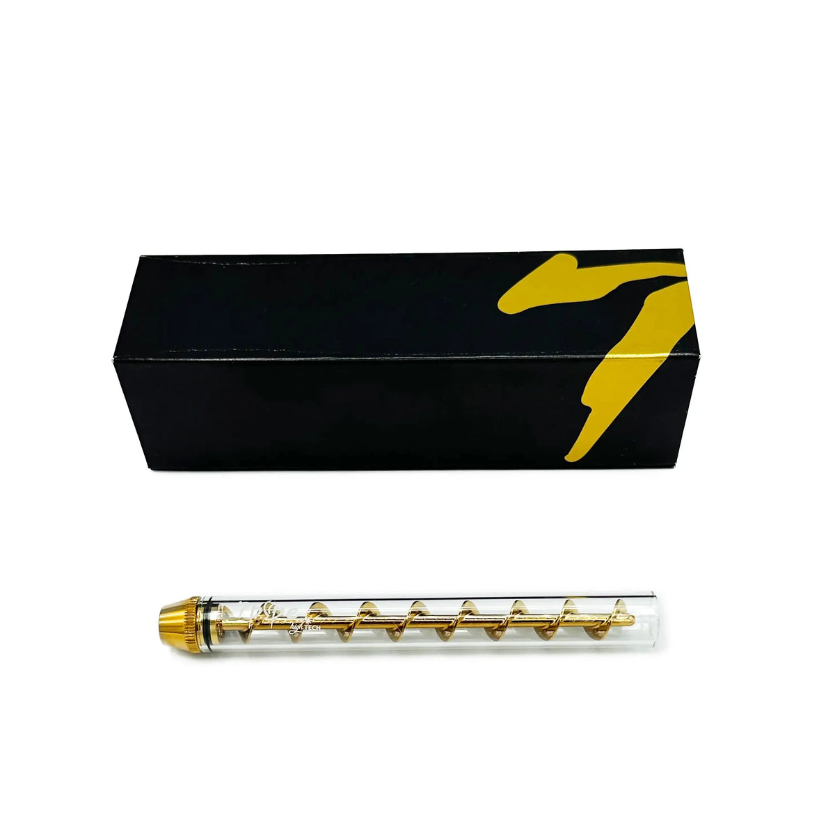 Twisty Glass Blunt XL with Gold Brass Spiral Displayed Below Black and Gold 7pipe Gift Box